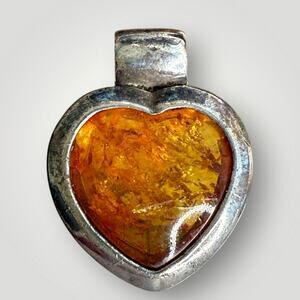 Vintage 925 Sterling Silver Amber Heart Pendant Genuine Baltic Amber 7.6g
